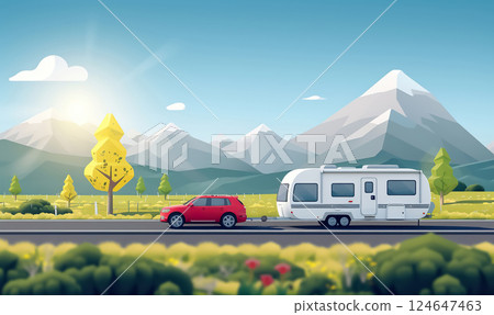 car with camper on a road trip, motorhome vacation at mountains illustration 124647463