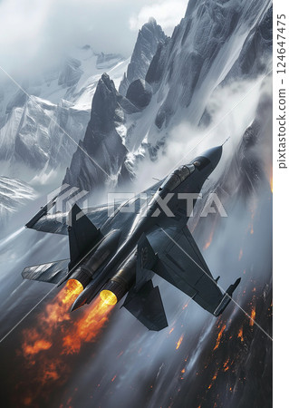 modern fifth generation combat air fighter jet in sky, advanced stealth military aircraft flying 124647475