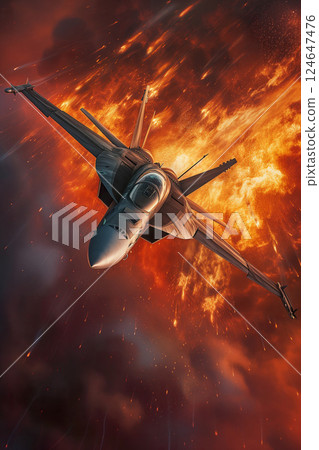 modern fifth generation combat air fighter jet in sky, advanced stealth military aircraft flying 124647476
