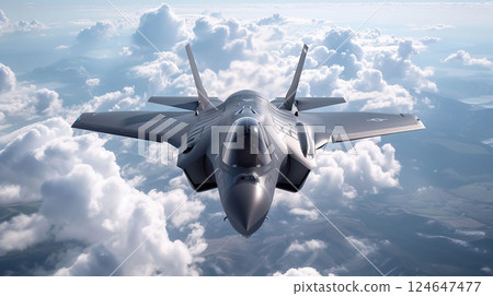 modern fifth generation combat air fighter jet in sky, advanced stealth military aircraft flying 124647477