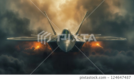 modern fifth generation combat air fighter jet in sky, advanced stealth military aircraft flying 124647487