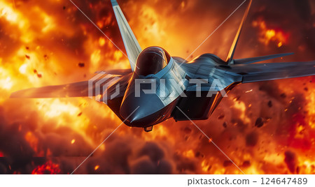 modern fifth generation combat air fighter jet in sky, advanced stealth military aircraft flying 124647489