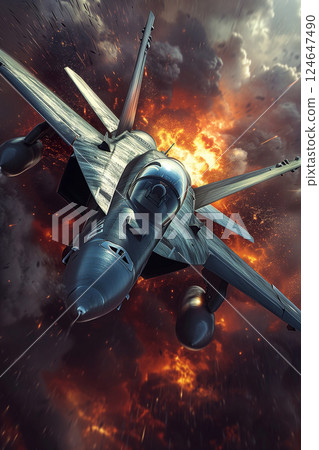 modern fifth generation combat air fighter jet in sky, advanced stealth military aircraft flying 124647490
