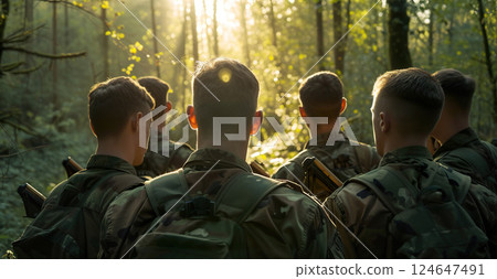 back view of group of soldiers on a mission in forest, military and army concept 124647491