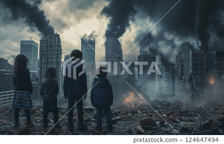 small kids standing in city destroyed by war, children in town demolished by earthquake, people and ruined buildings 124647494