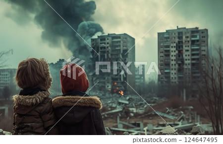 small kids standing in city destroyed by war, children in town demolished by earthquake, people and ruined buildings 124647495
