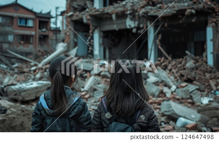 small kids standing in city destroyed by war, children in town demolished by earthquake, people and ruined buildings 124647498