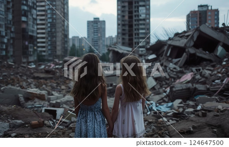 small kids standing in city destroyed by war, children in town demolished by earthquake, people and ruined buildings 124647500