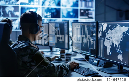 military operator monitoring battle information in control room with screens and displays, future army and security concept 124647526