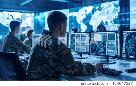 military operator monitoring battle information in control room with screens and displays, future army and security concept military operator monitoring battle information in control room with screens and displays, future army and security concept 124647527