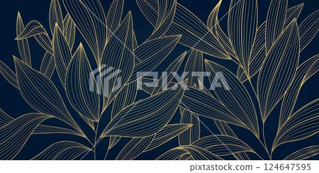 Vector gold leaves art deco pattern, linear floral jungle background, elegant botanical foliage decor, summer print. Vintage boho fabric drawing. 124647595