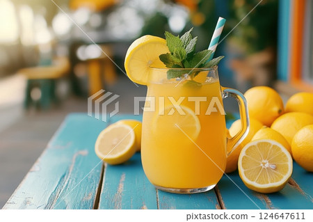 Bright and refreshing lemonade with lemons and mint on a sunny picnic table 124647611