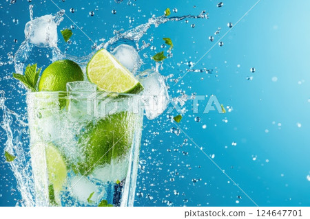 Refreshing mojito with lime and mint splashing in a glass with vibrant background Refreshing mojito with lime and mint splashing in a glass with vibrant background 124647701
