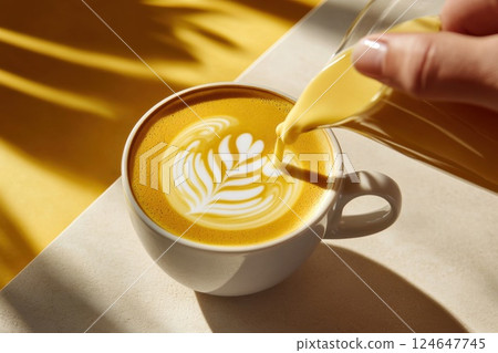 Crafting latte art with creamy milk in a bright cafe environment 124647745