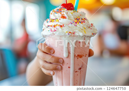 Child enjoys a colorful milkshake topped with whipped cream at an ice cream parlor 124647750