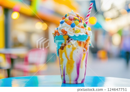 Colorful milkshake topped with whipped cream and candy on a cheerful cafe table 124647751