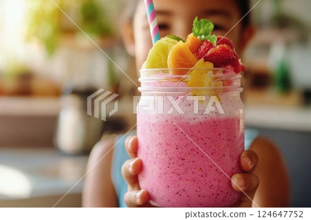 Child enjoys colorful smoothie in sunlit kitchen with fresh fruit garnish and striped straw 124647752