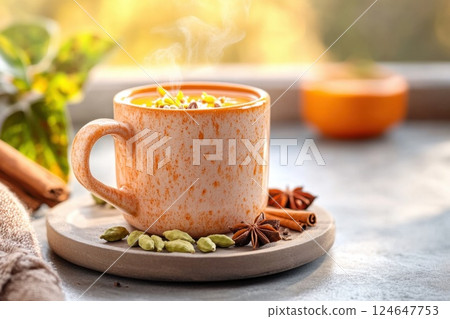 Steaming chai tea cup with spices creating a cozy and inviting atmosphere 124647753