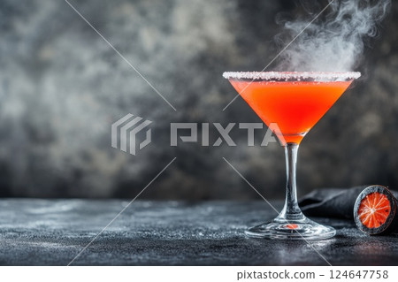 Glowing red cocktail with smoke effects on black bar counter creates a dramatic atmosphere 124647758