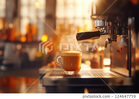 Rich espresso shot being pulled with warm lighting and steam in a cozy cafe setting 124647759