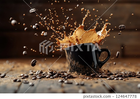 Dynamic coffee splash captured in mid air with drops and a ceramic mug on a wooden surface 124647778