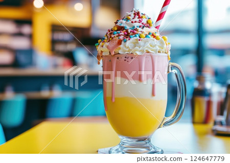 Colorful layered milkshake with whipped cream and candy on bright cafe table 124647779