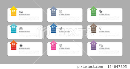A layout template featuring 9 data infographic rectangle tabs with arrows. A layout template featuring 9 data infographic rectangle tabs with arrows. 124647895