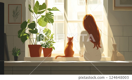 Woman and Cat Gazing Out the Window in a Peaceful Moment 124648003