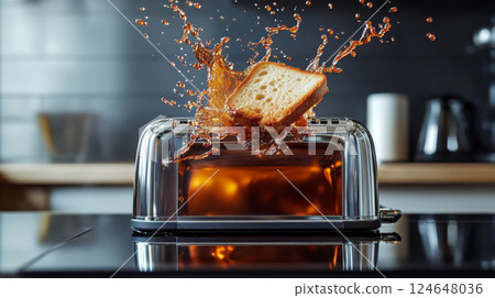 Toast and Coffee Splashing from Toaster in Dynamic Breakfast Scene 124648036