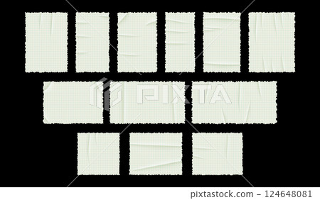 Notebook paper pieces with folds and creases. Vector set of note sheets for scrapbooking, design, and creative projects. Simple and textured elements for digital use. 124648081