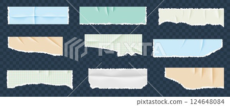 Torn paper pieces from a notebook with wrinkles and rips. Vector set of blue, green, beige, white, and grid note sheets. Useful for scrapbooking, design, and creative projects. 124648084