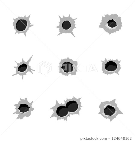 Bullet hole gun shot weapon mark silhouette, impact gun, bullet hole gunshot. Damage from shoot. Bullet hole gun shot weapon mark silhouette, impact gun, bullet hole gunshot. Damage from shoot. 124648162