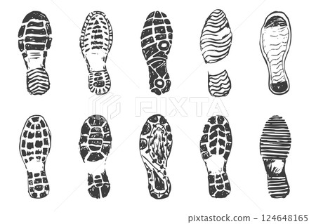 Shoe print boot, foot step silhouette mark. Boot Print textured, grunge. Mountain boot, hiking imprint. 124648165