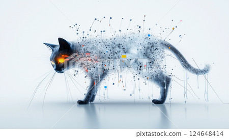 Futuristic Cybernetic Cat walk around the server. Digital Abstract Art of a Tech-Enhanced Feline with Glowing Eyes Futuristic Cybernetic Cat walk around the server. Digital Abstract Art of a Tech-Enhanced Feline with Glowing Eyes 124648414