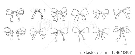 Coquette bow outline drawings set, vector illustration isolated on white, cute doodle ribbon 124648497