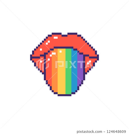 Pixel red lips with rainbow tongue. Hand drawn vector illustration. 124648609