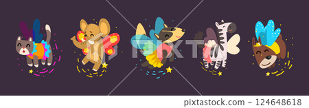 Funny Animal Fairy or Pixie with Wings Vector Illustration Set 124648618