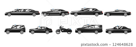 Government Guard Vehicles and Black Presidential Auto with Siren Vector Set Government Guard Vehicles and Black Presidential Auto with Siren Vector Set 124648628