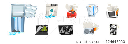 Broken Home Appliances and Damaged Electrical Household Equipment Vector Set Broken Home Appliances and Damaged Electrical Household Equipment Vector Set 124648630