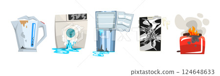 Broken Home Appliances and Damaged Electrical Household Equipment Vector Set 124648633