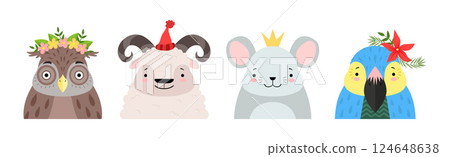 Funny Animal Faces and Heads Wearing Different Accessory Vector Set 124648638