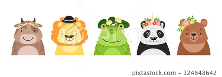 Funny Animal Faces and Heads Wearing Different Accessory Vector Set Funny Animal Faces and Heads Wearing Different Accessory Vector Set 124648642