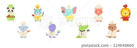 Cute Animal Chef Characters in Uniform Cooking Tasty Dish Vector Set 124648660