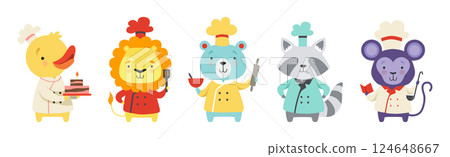 Cute Animal Chef Characters in Uniform Cooking Tasty Dish Vector Set Cute Animal Chef Characters in Uniform Cooking Tasty Dish Vector Set 124648667