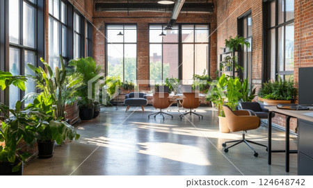 Modern Industrial Office with Natural Light and Green Plants 124648742