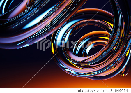 Neon fluid glass spiral swirl on black 3d background. Abstract dark bg with holographic transparent funnel, chromatic vortex, liquid circle wave line with rainbow light texture render. 3D illustration Neon fluid glass spiral swirl on black 3d background. Abstract dark bg with holographic transparent funnel, chromatic vortex, liquid circle wave line with rainbow light texture render. 3D illustration 124649014