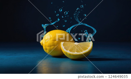 Fresh Lemons with Water Splashes on a Dark Background Fresh Lemons with Water Splashes on a Dark Background 124649035