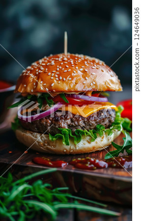 fresh juicy hamburger with beef meat, grilled cheeseburger with onion and tomato, classic american fast food burger fresh juicy hamburger with beef meat, grilled cheeseburger with onion and tomato, classic american fast food burger 124649036