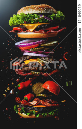 fresh juicy hamburger with beef meat, grilled cheeseburger with onion and tomato, classic american fast food burger 124649039