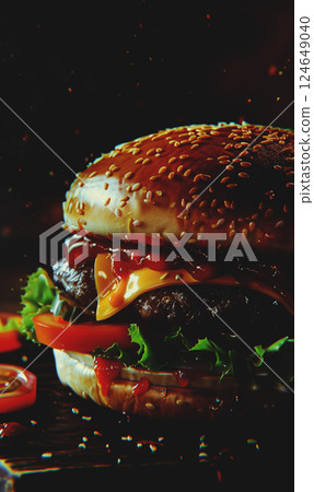 fresh juicy hamburger with beef meat, grilled cheeseburger with onion and tomato, classic american fast food burger 124649040